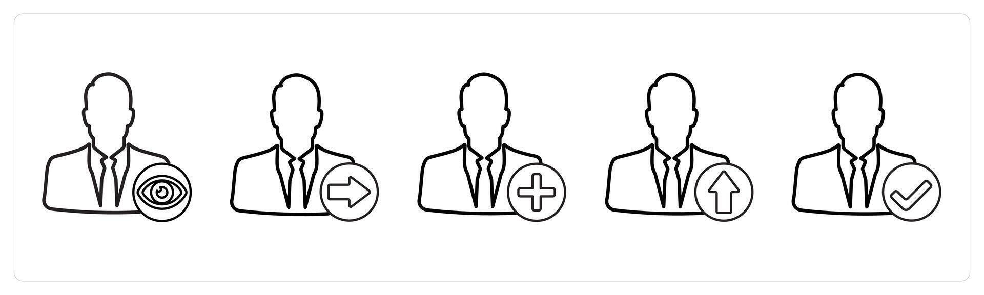 A set of 5 profile icons as favorite profile, send profile, add profile in black line color vector