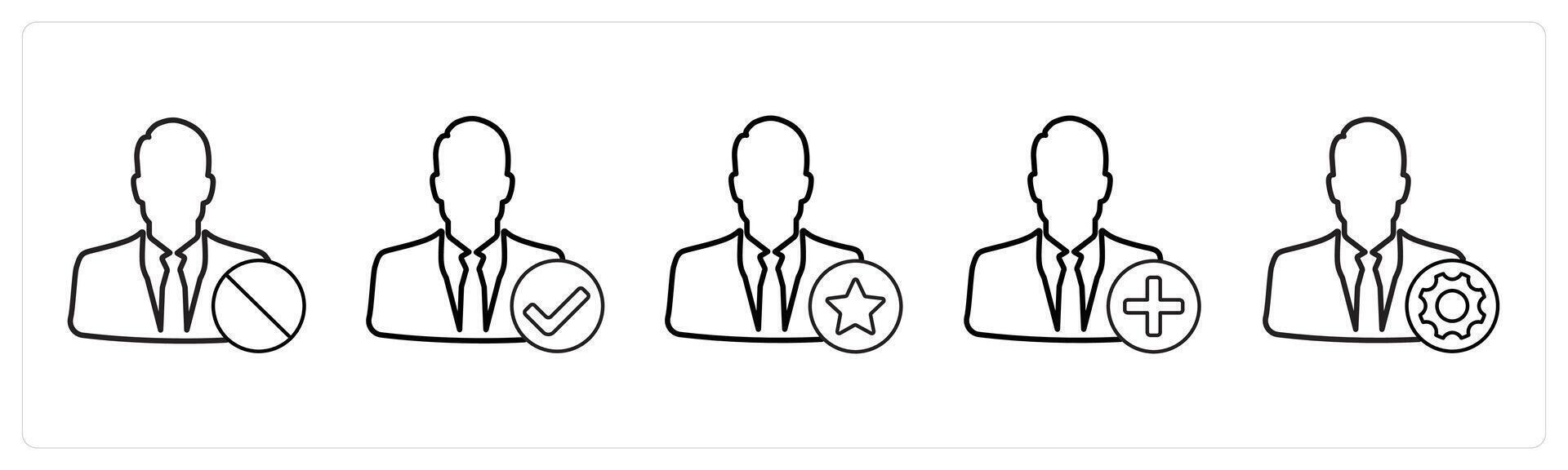 A set of 5 profile icons as received profile, verified profile, favorite profile in black line color vector