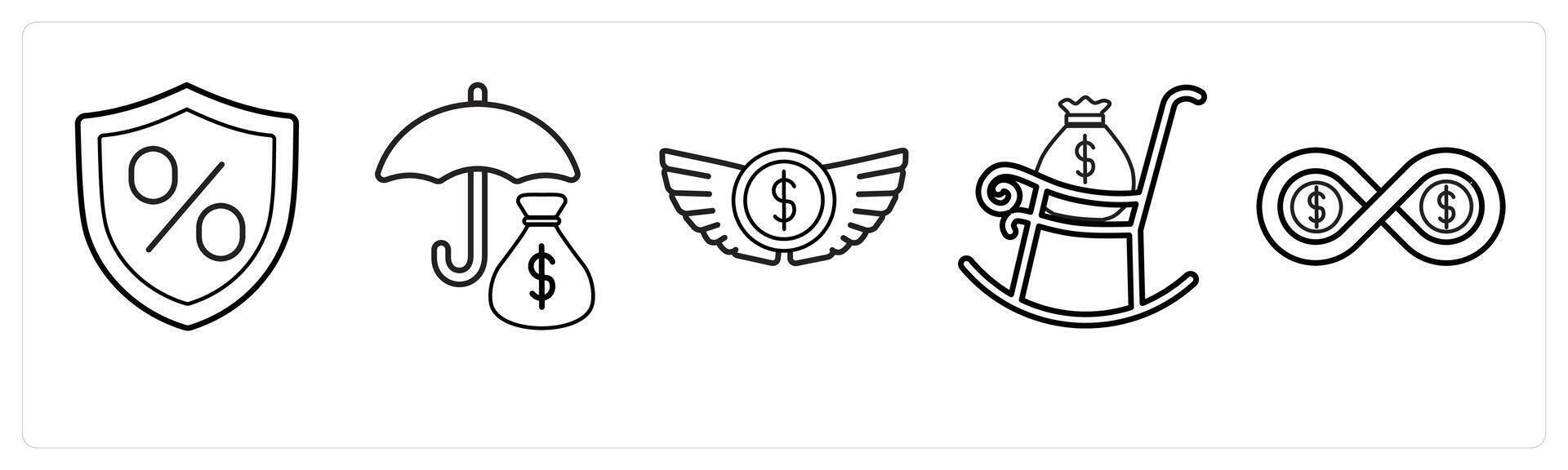 A set of 5 insurance icons as home loan interest rate, investment insurance, insurance in black line color vector