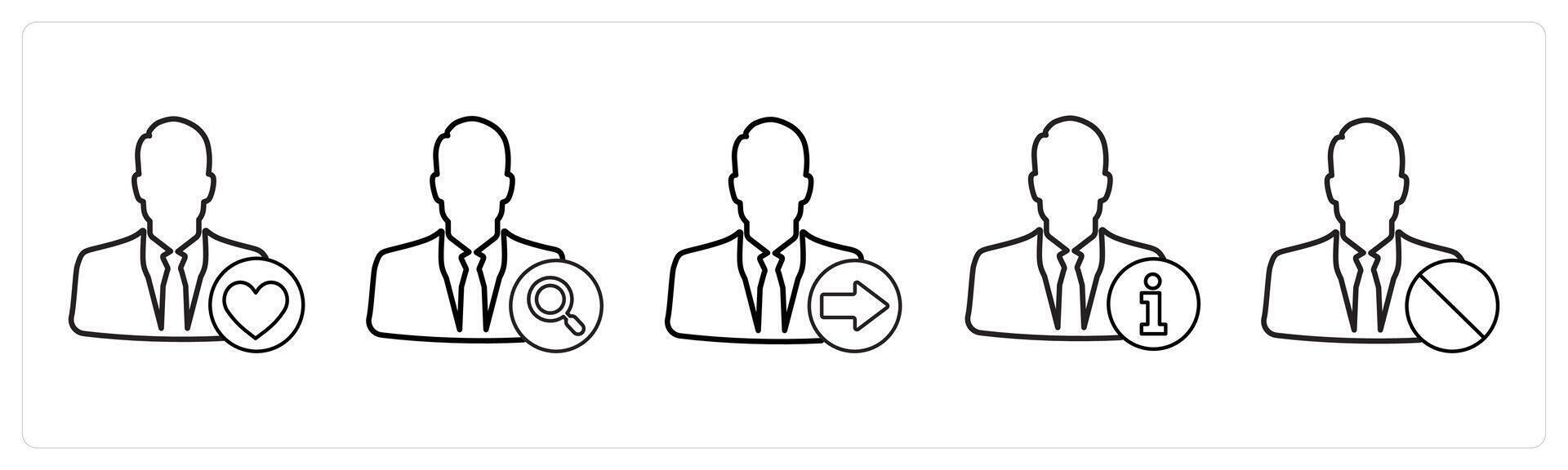 A set of 5 profile icons as favorite profile, search profile, send profile in black line color vector