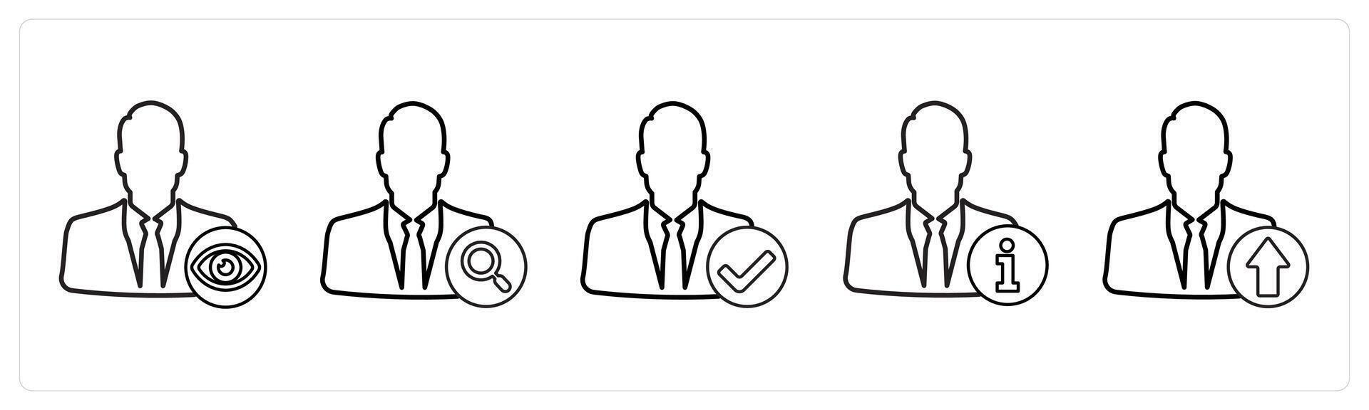 A set of 5 profile icons as favorite profile, search profile, verified profile in black line color vector