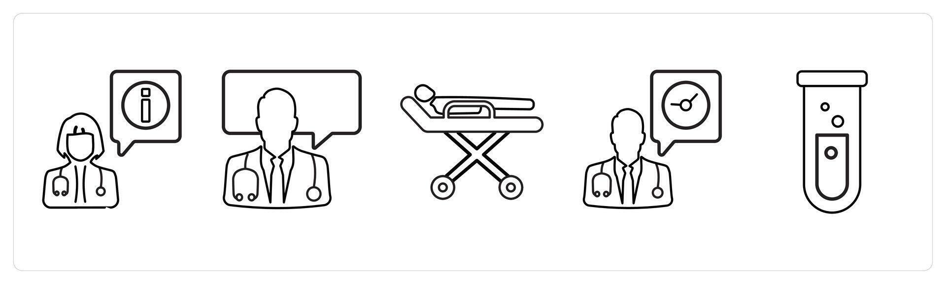 A set of 5 medical icons as medical information, medical help, stretcher in black line color vector