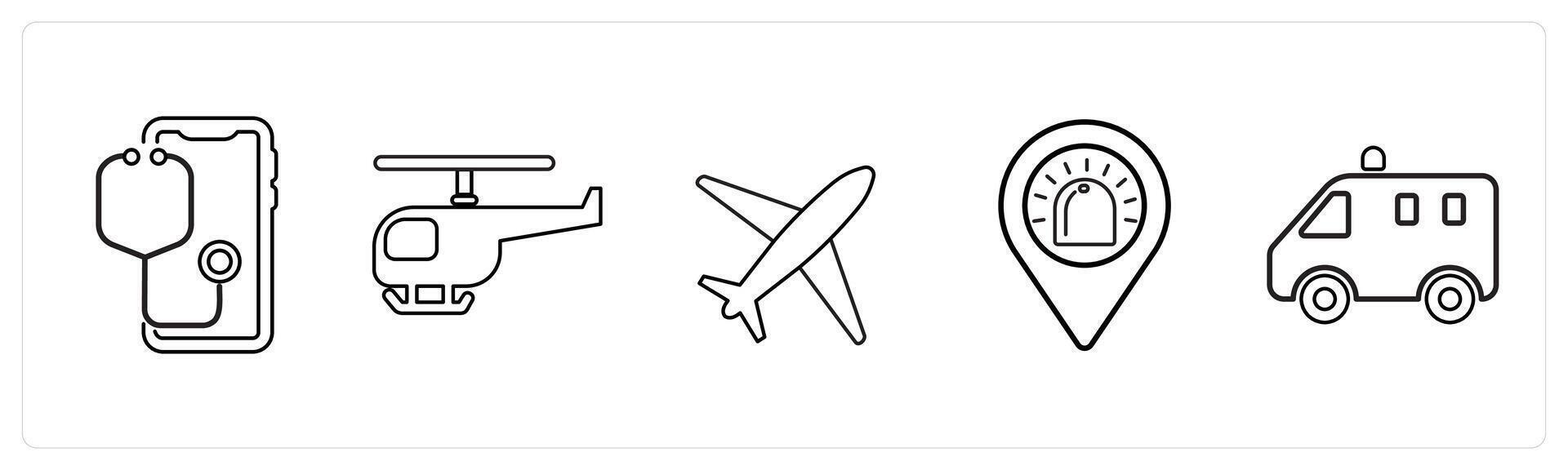 A set of 5 medical icons as mobile health care, air medical services, ambulance location in black line color vector