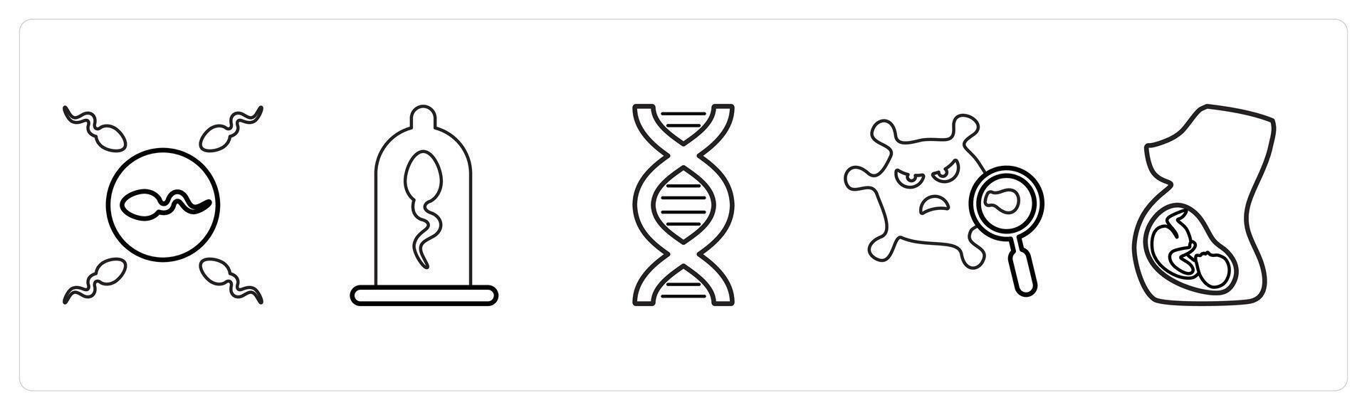 A set of 5 medical icons as sperm and egg, protection, dna in black line color vector