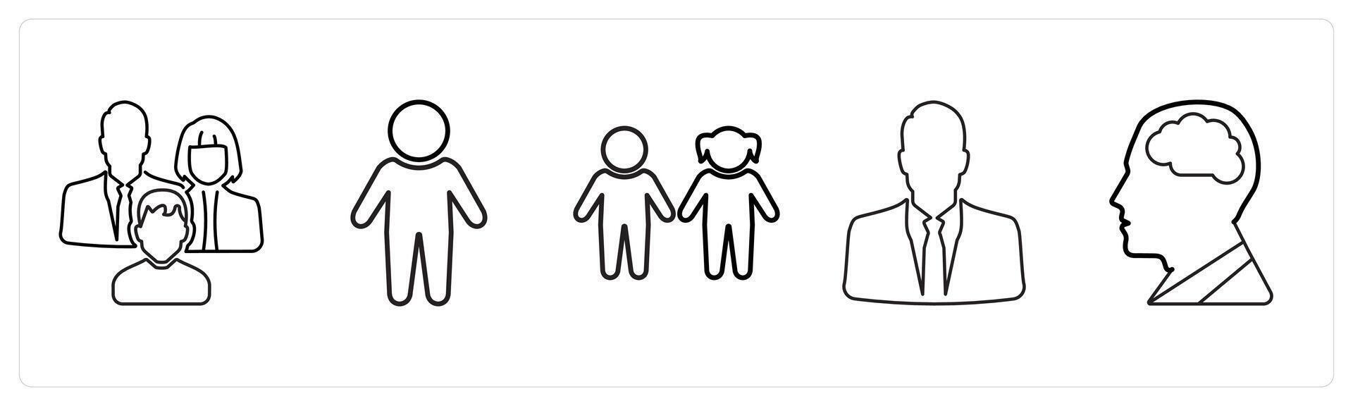 A set of 5 medical icons as family care, child patient, children in black line color vector