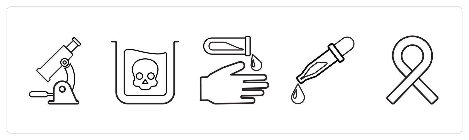A set of 5 medical icons as microscope, danger, alert in black line color vector