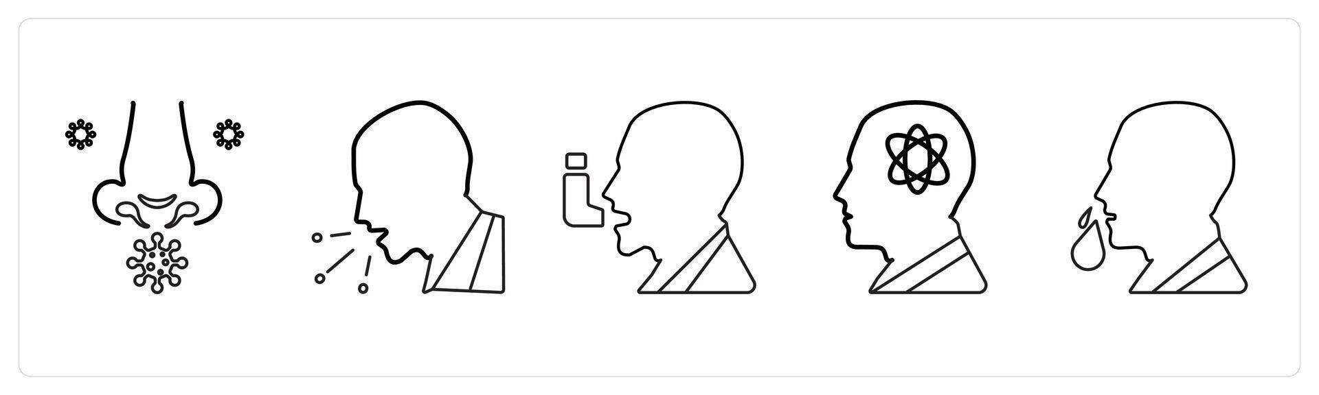A set of 5 medical icons as allergy, cough, asthma in black line color vector