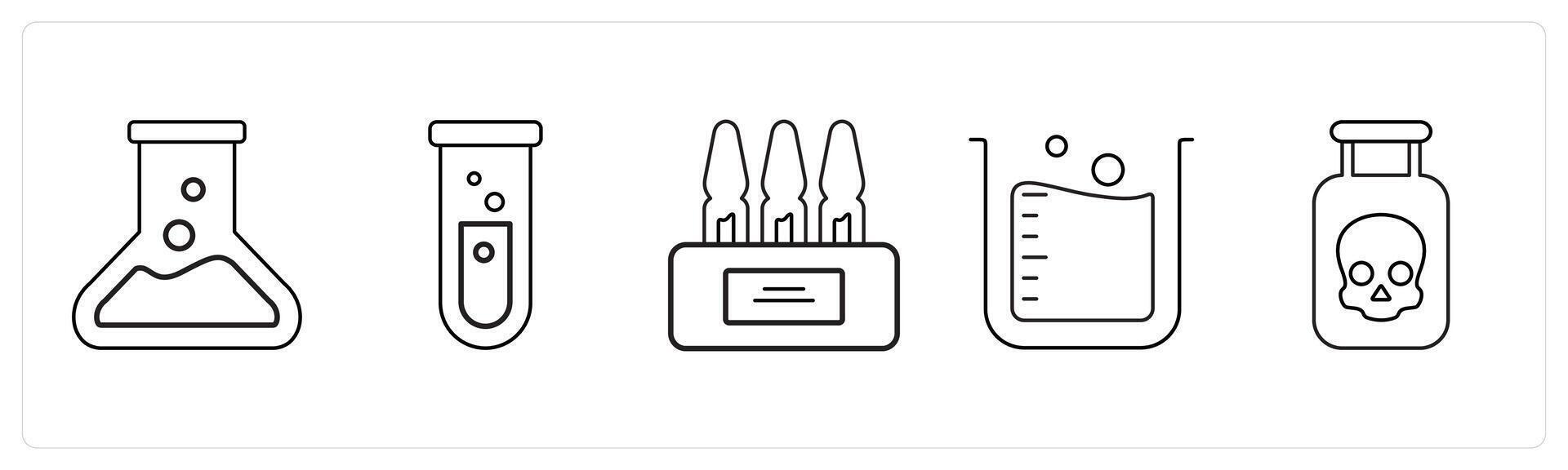 A set of 5 medical icons as laboratory, test tube, ampoule in black line color vector