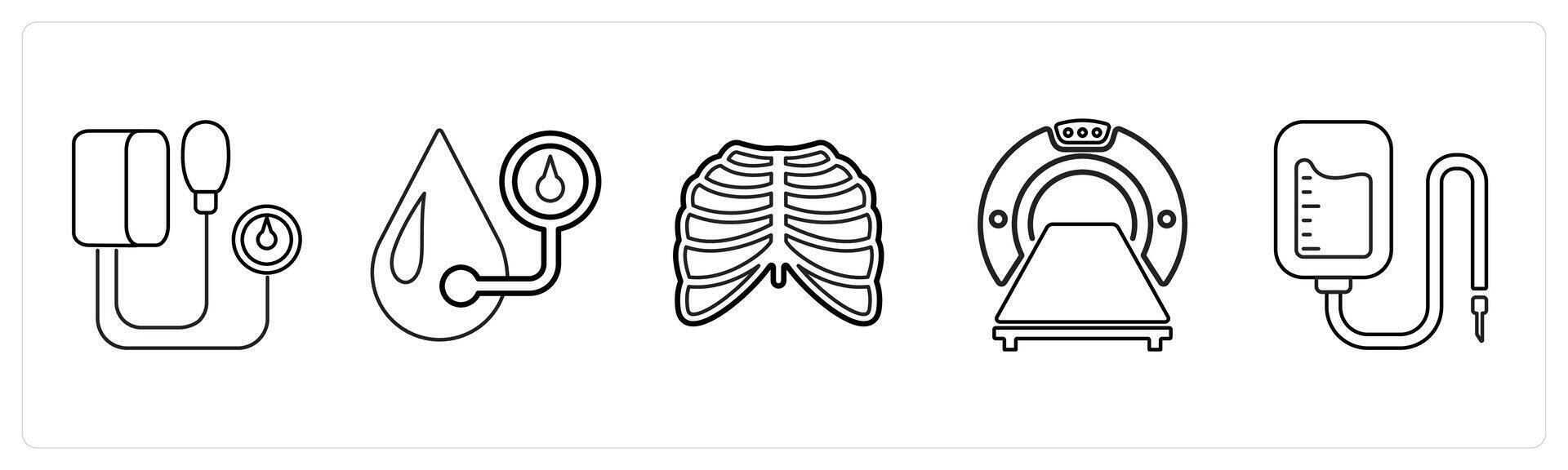 A set of 5 medical icons as blood pressure kit, blood pressure, radiology in black line color vector