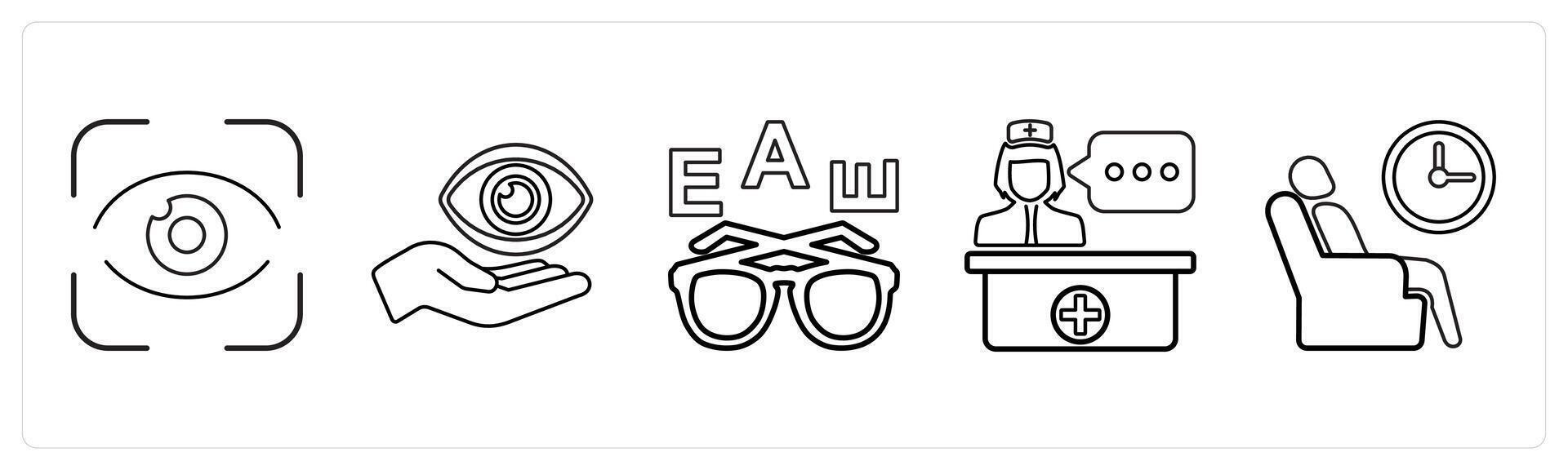 A set of 5 medical icons as eye scan, eye care, eye test in black line color vector