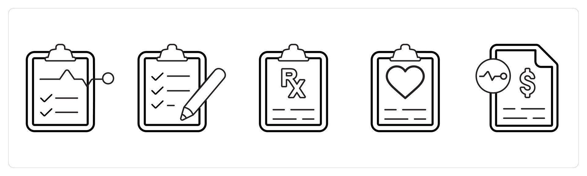 A set of 5 medical icons as medical tests, appointment request, prescription in black line color vector