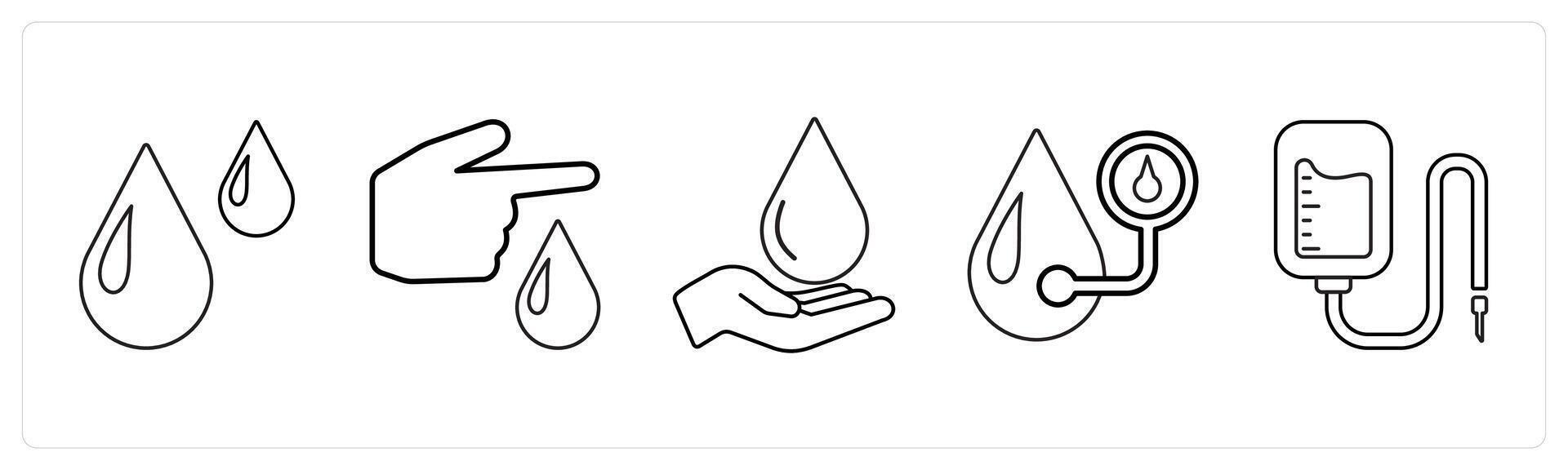 A set of 5 medical icons as hematology, blood test, blood donation in black line color vector