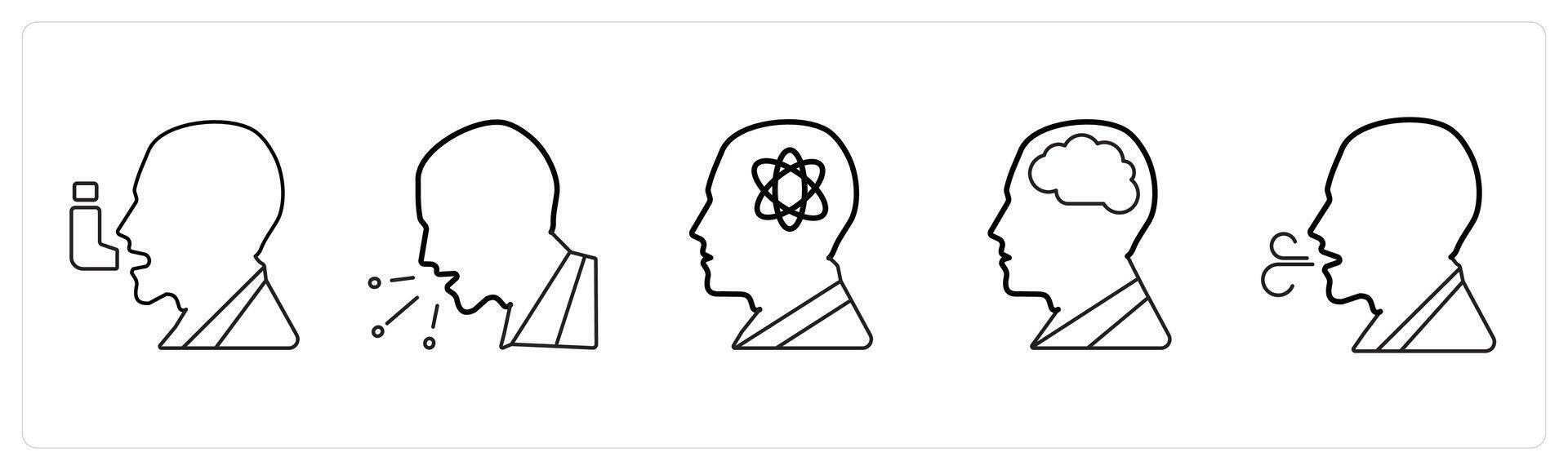 A set of 5 medical icons as asthma, cough, dizziness in black line color vector