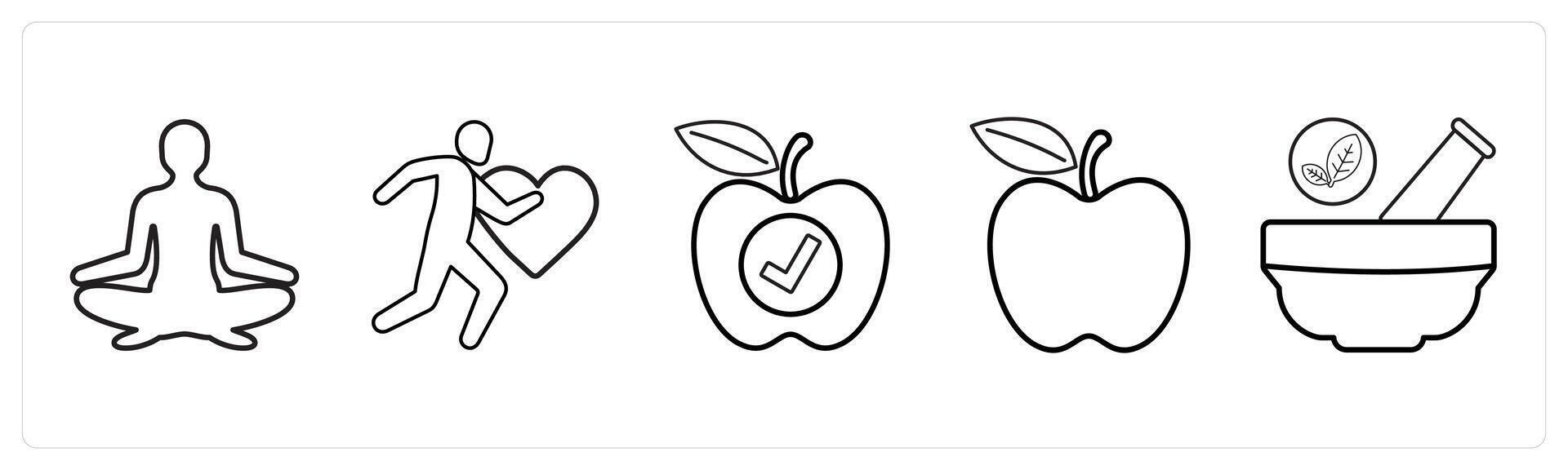 A set of 5 medical icons as yoga, exercise, patient food in black line color vector