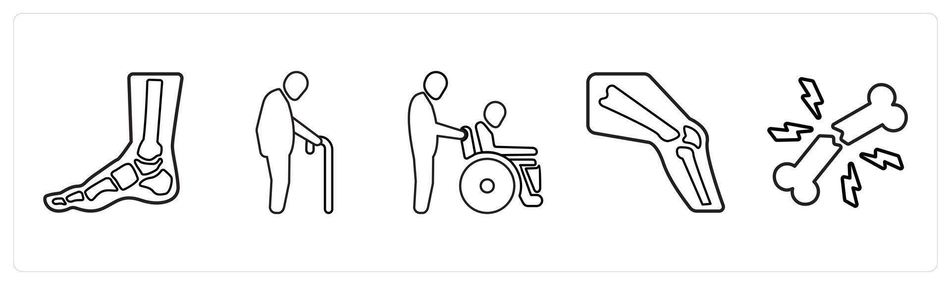 A set of 5 medical icons as numbness and tingling in feet, geriatrics, handicapped patient in black line color vector