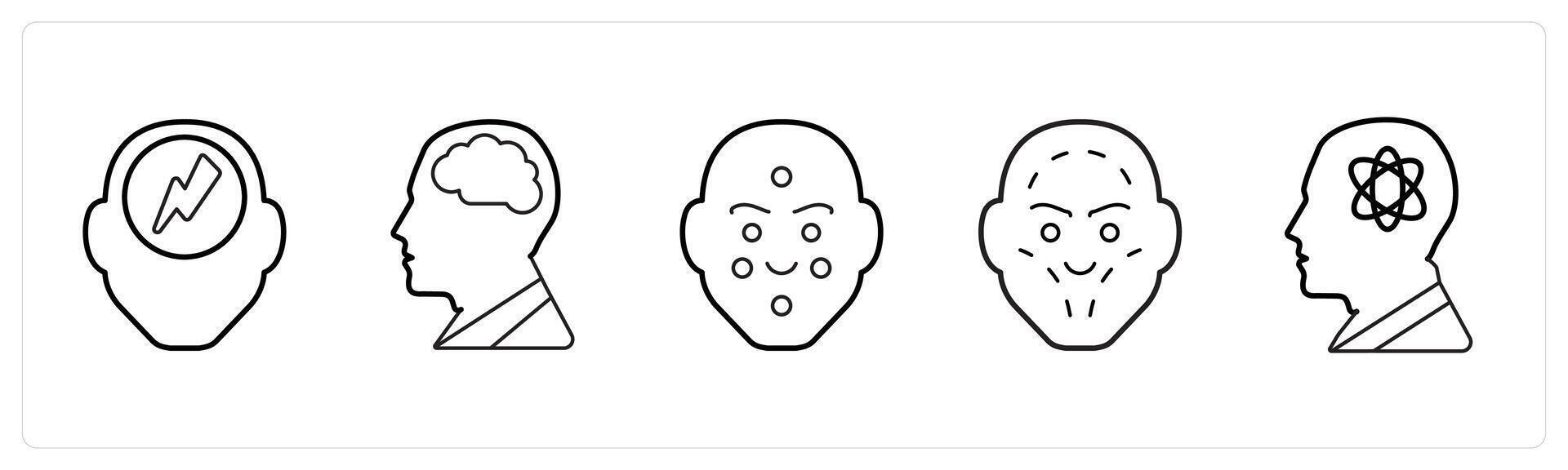 A set of 5 medical icons as headache, neurology, dermatology in black line color vector