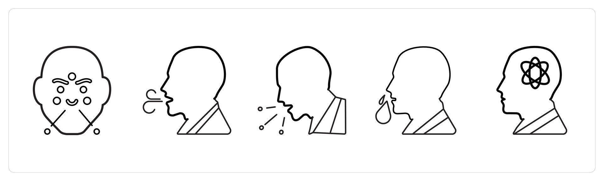 A set of 5 medical icons as immunology and allergy, extreme fatigue, cough in black line color vector