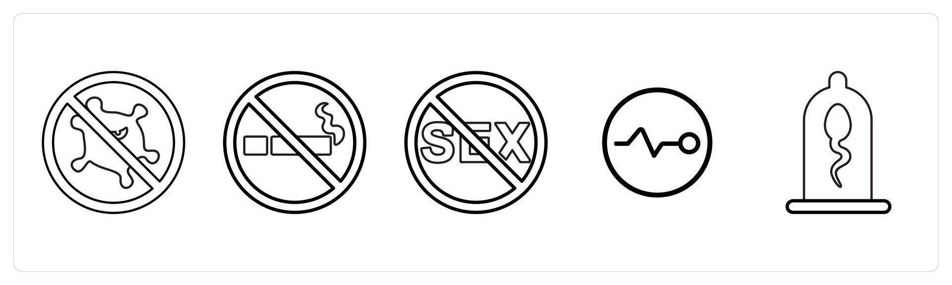 A set of 5 medical icons as safety, tobacco cessation counselling, sexual disorder in black line color vector