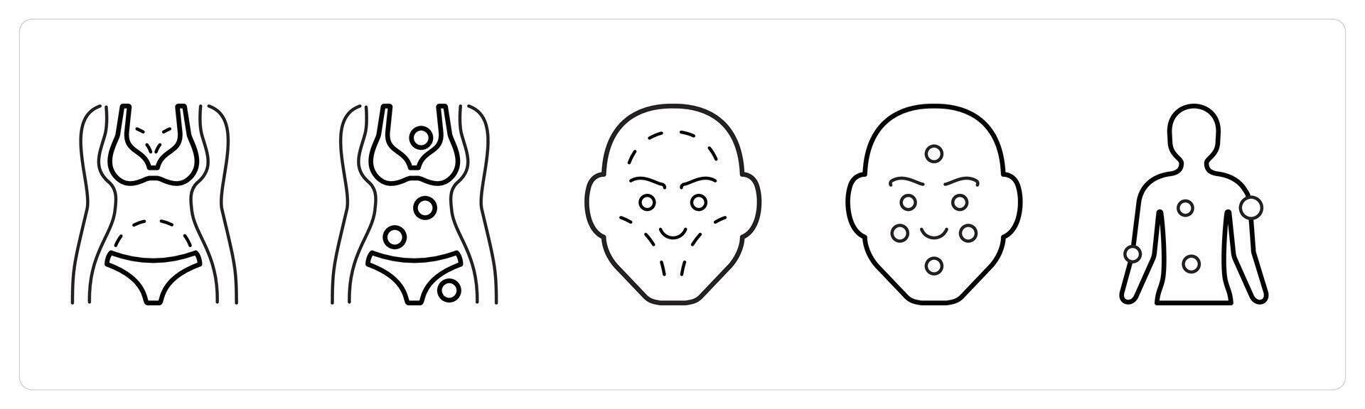 A set of 5 medical icons as awareness ribbon, caduceus, first aid in black line color vector