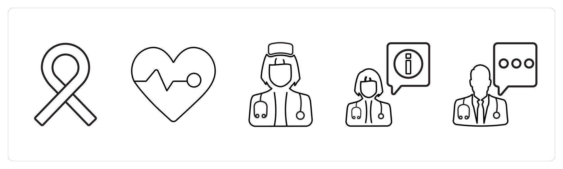 A set of 5 medical icons as awareness ribbon, electrocardiography, nurse in black line color vector