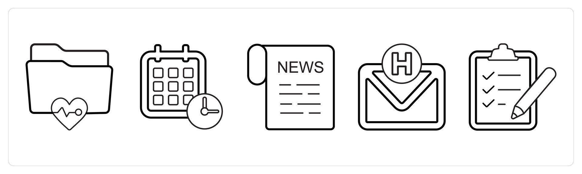 A set of 5 medical icons as medical records, doctor visit day, medical news in black line color vector