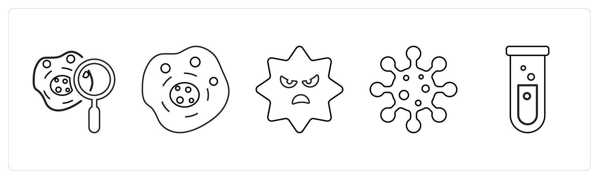 A set of 5 medical icons as biochemistry, human cell, virus in black line color vector