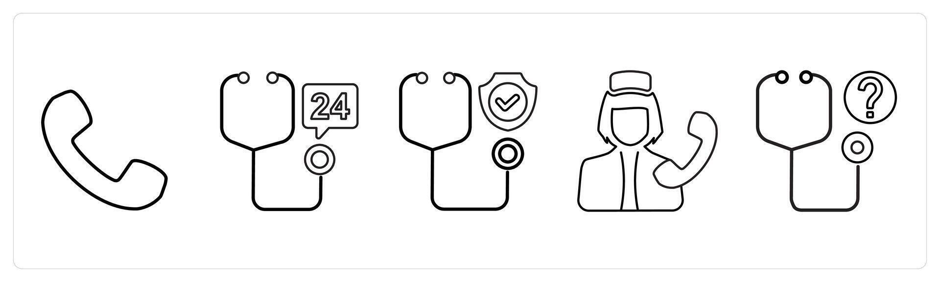 A set of 5 medical icons as on call medical services, 24x7 medical service, medical insurance in black line color vector