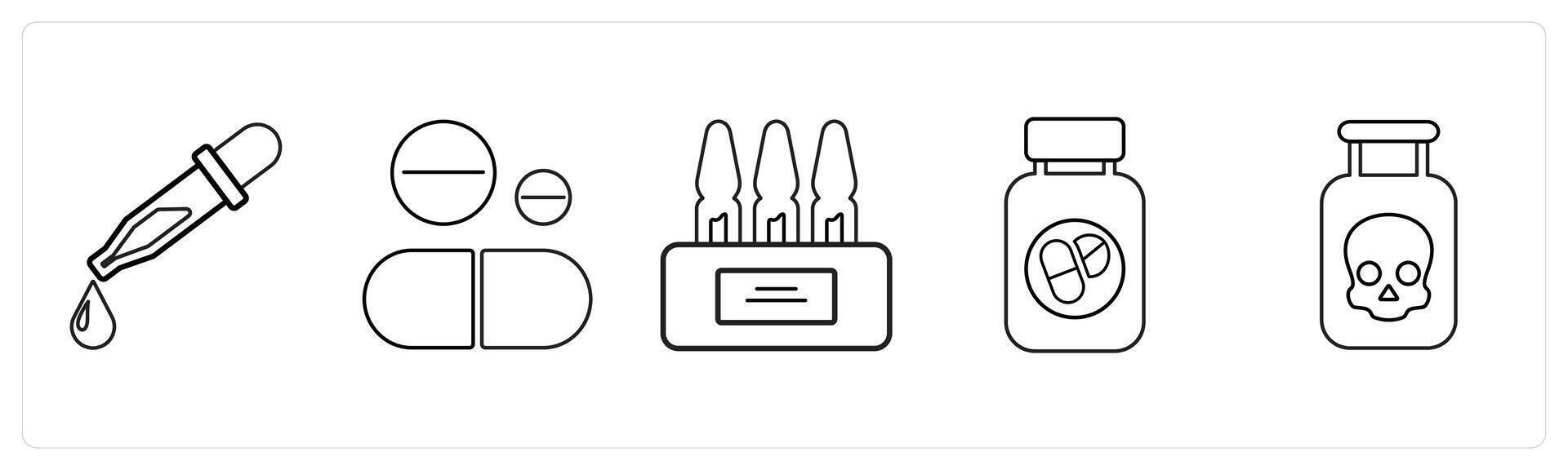 A set of 5 medical icons as chemical dropper, pills, ampoule in black line color vector