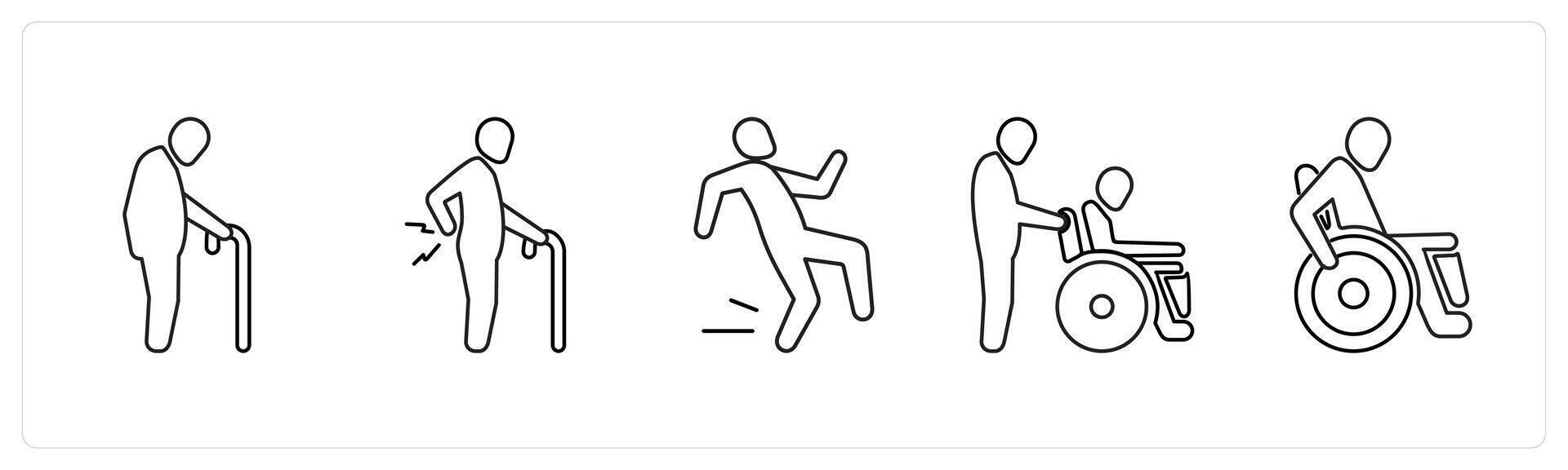 A set of 5 medical icons as geriatrics, chronic pain, accident in black line color vector