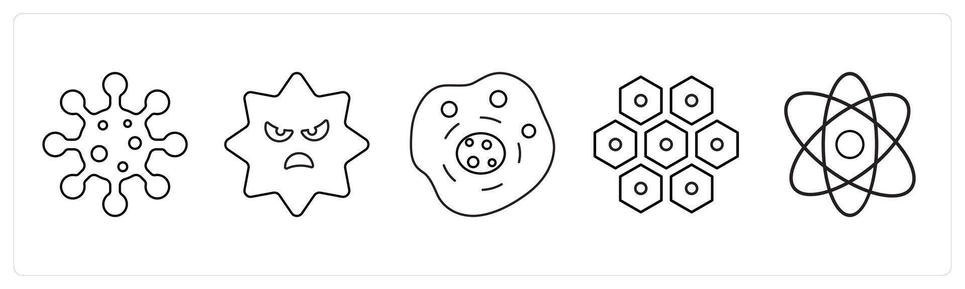 A set of 5 medical icons as infection, virus, human cell in black line color vector