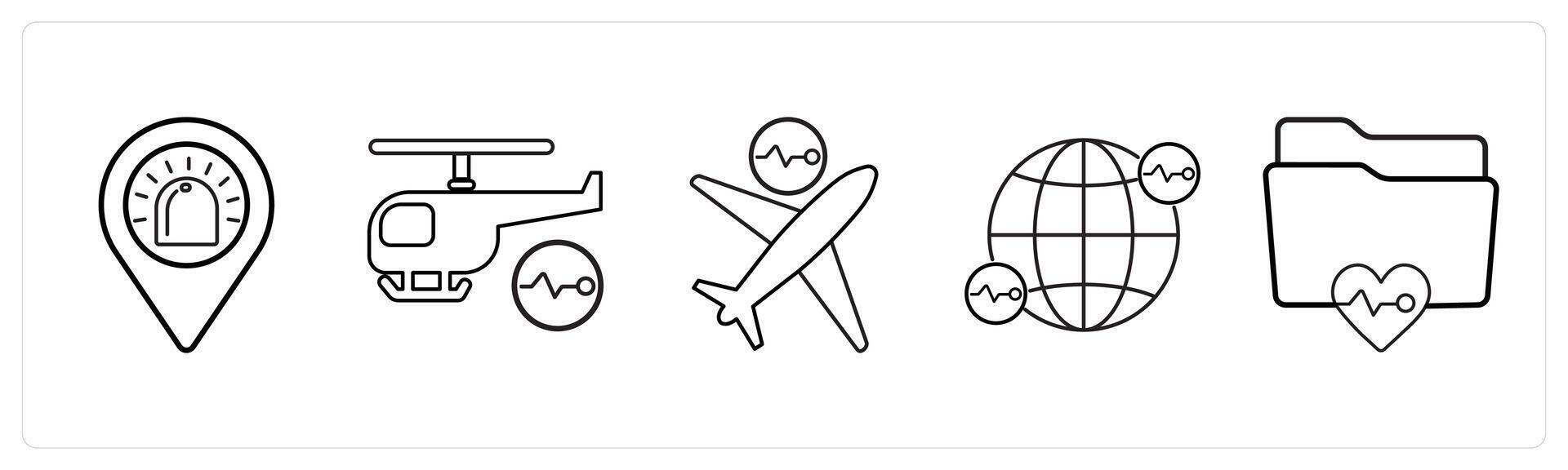 A set of 5 medical icons as ambulance location, air ambulance, air medical services in black line color vector