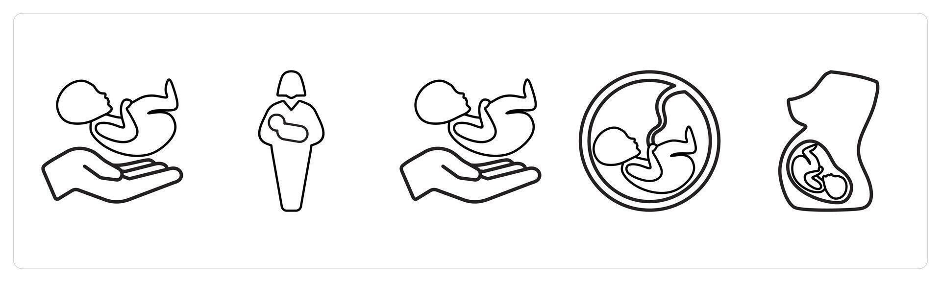 A set of 5 medical icons as postanatal care, postanatal, fetus in black line color vector