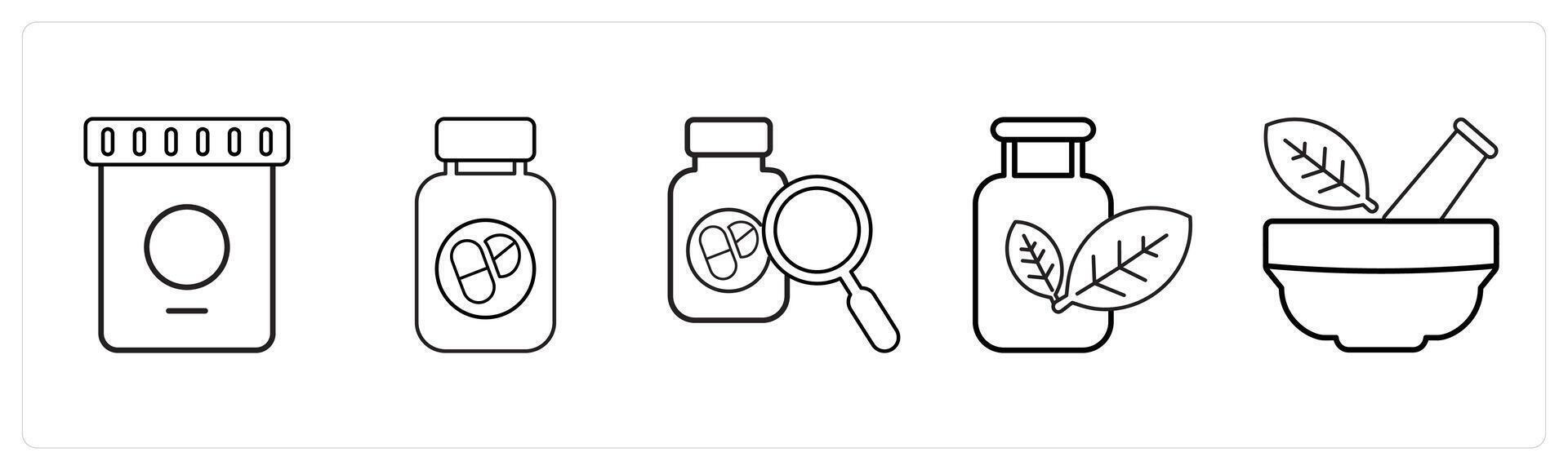 A set of 5 medical icons as pharmaceutical drugs, medication, search for drug in black line color vector