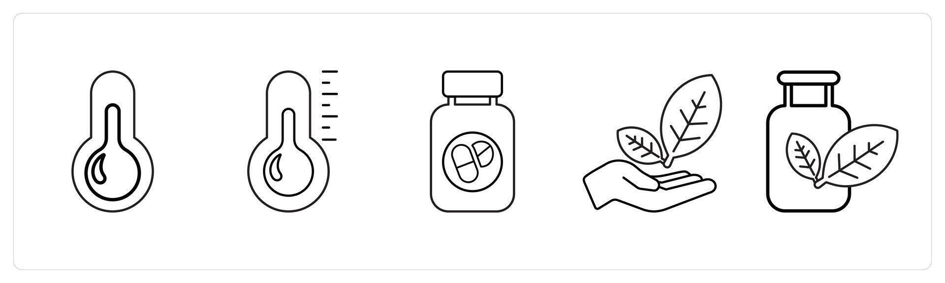 A set of 5 medical icons as fever, thermometer, medication in black line color vector