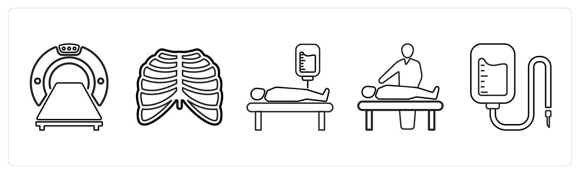 A set of 5 medical icons as computer tomopgraphy, radiology, blood transfusion in black line color vector