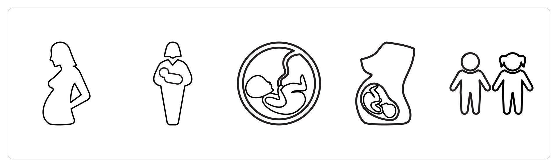 A set of 5 medical icons as pregnancy, postanatal, fetus in black line color vector