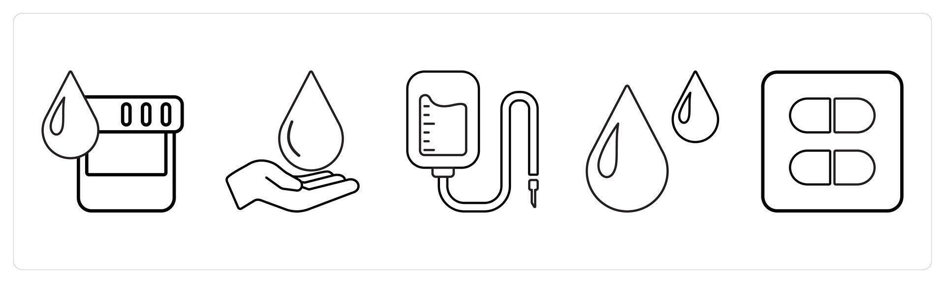 A set of 5 medical icons as dark urine, blood donation, blood transfusion in black line color vector