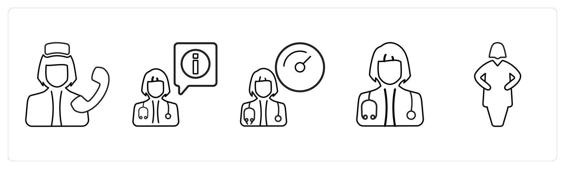 A set of 5 medical icons as medical support, medical information, doctor on duty in black line color vector