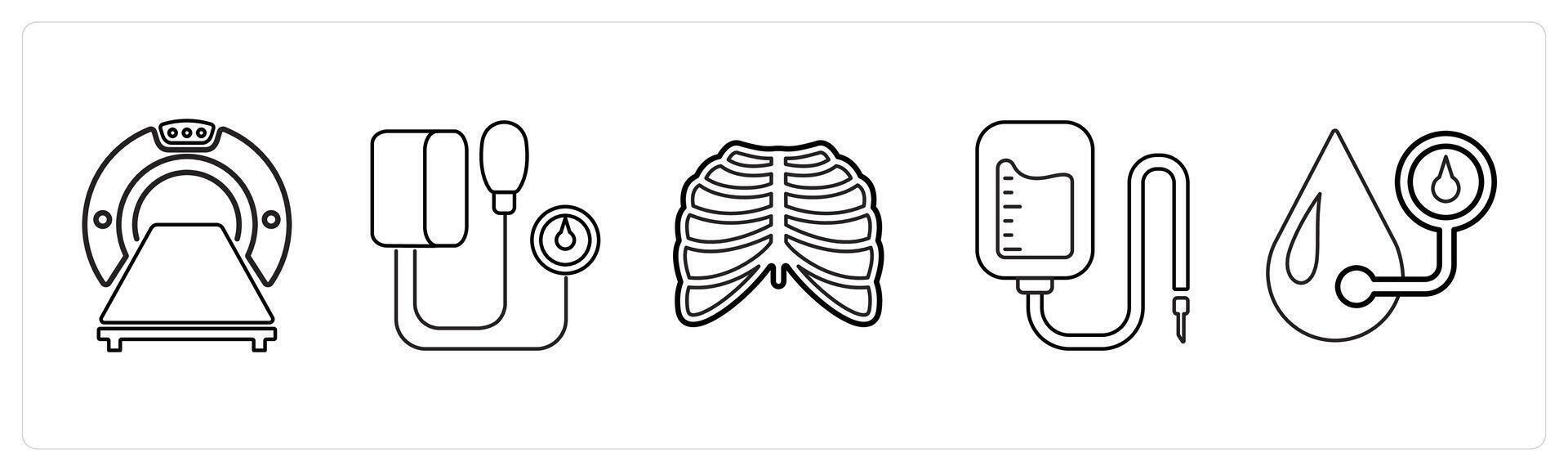 A set of 5 medical icons as computer tomography, blood pressure kit, radiology in black line color vector
