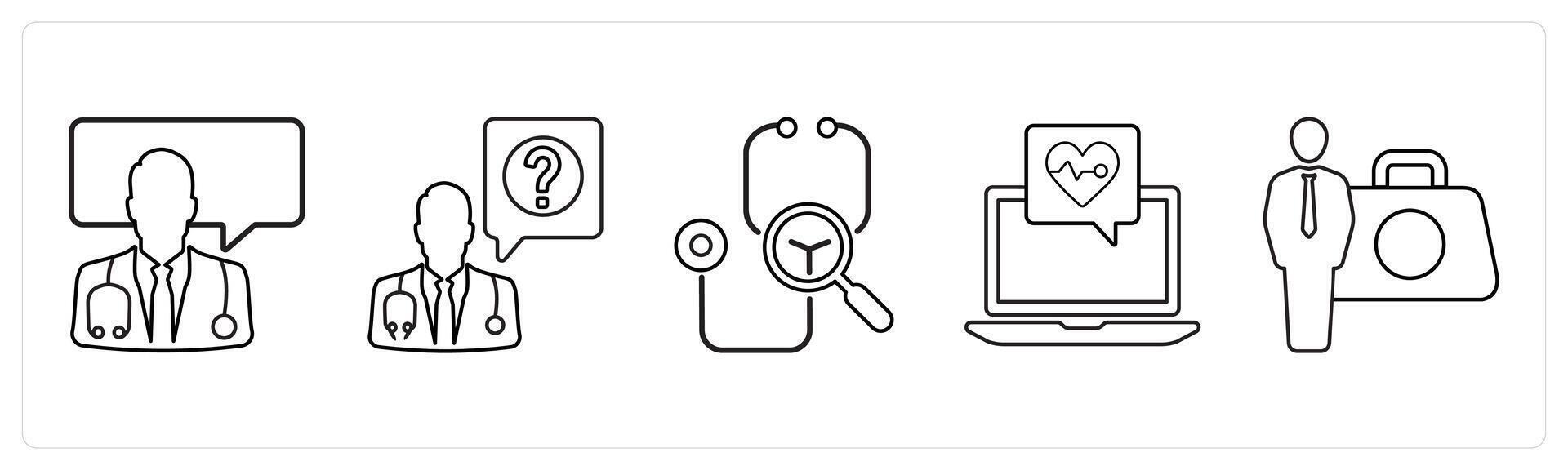 A set of 5 medical icons as medical help, ask a doctor, doctor search in black line color vector
