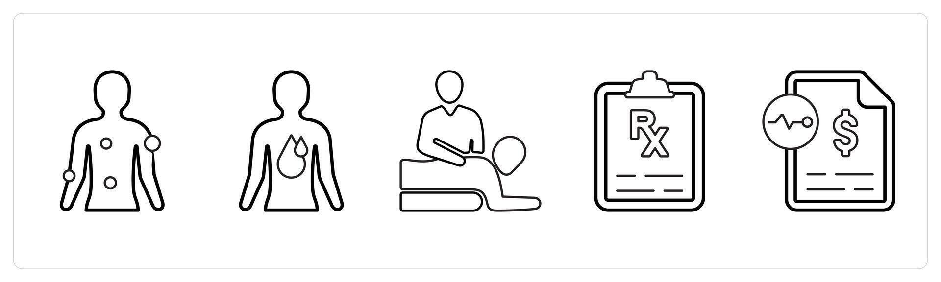 A set of 5 medical icons as symptom checker, internal bleeding, physical medicine in black line color vector