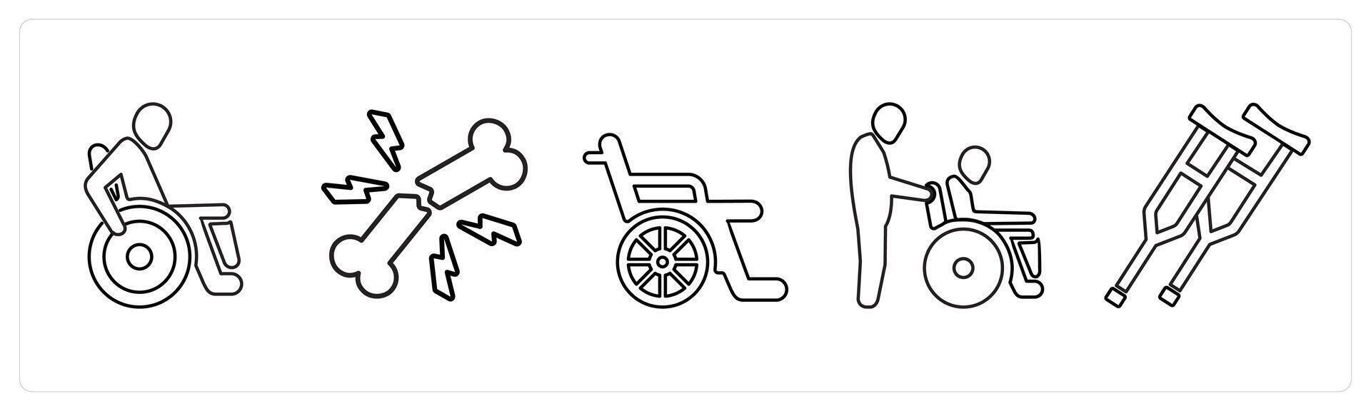 A set of 5 medical icons as disability, broken bone, wheel chair in black line color vector