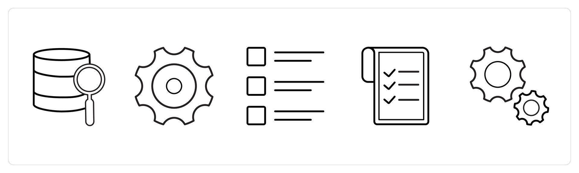 A set of 5 mix icons as search, gear, list in black line color vector