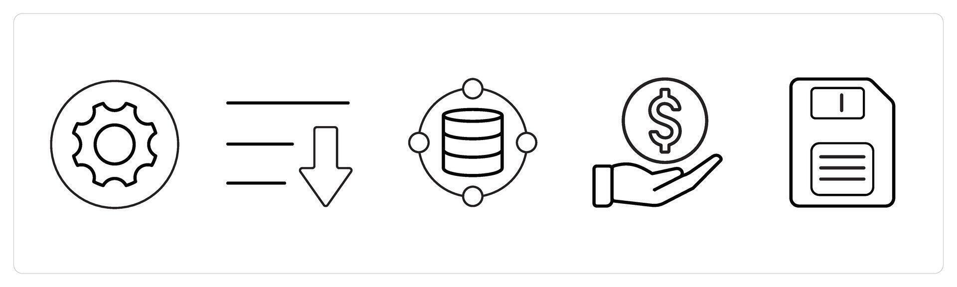 A set of 5 mix icons as settings, download, data in black line color vector