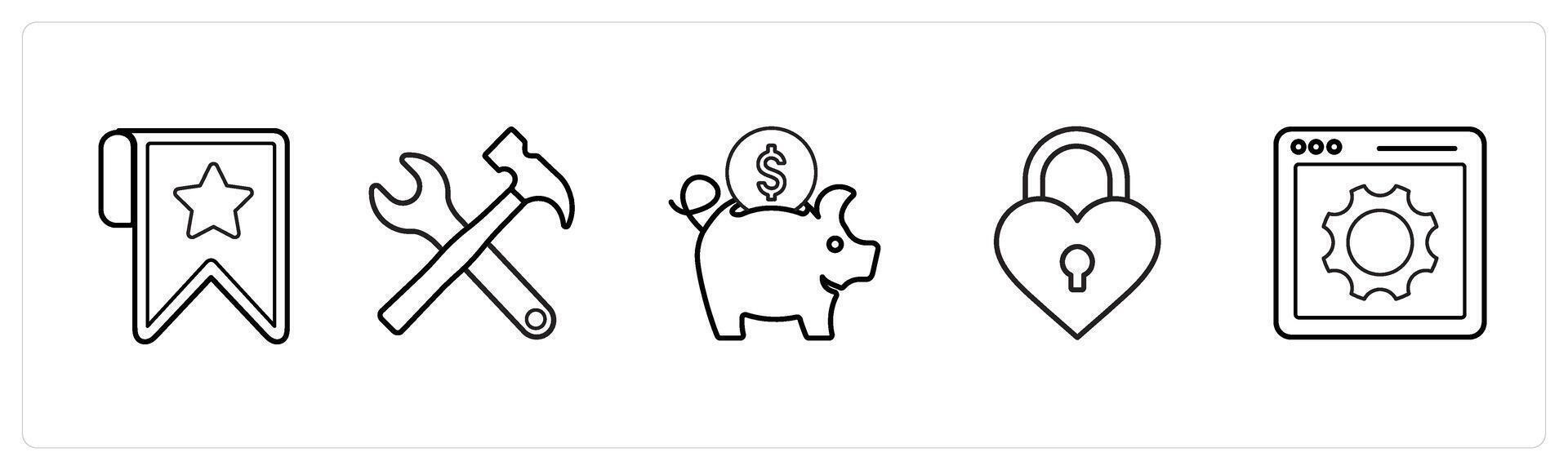 A set of 5 mix icons as bookmark, replacement, piggy bank savings in black line color vector