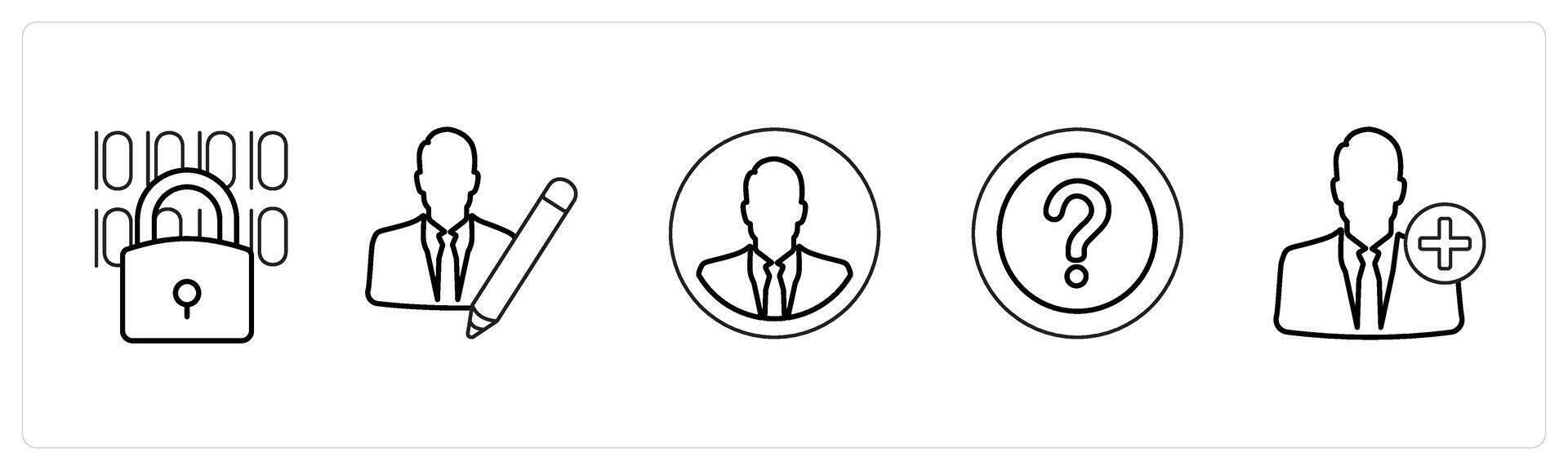 A set of 5 mix icons as programming, writer, businessman in black line color vector