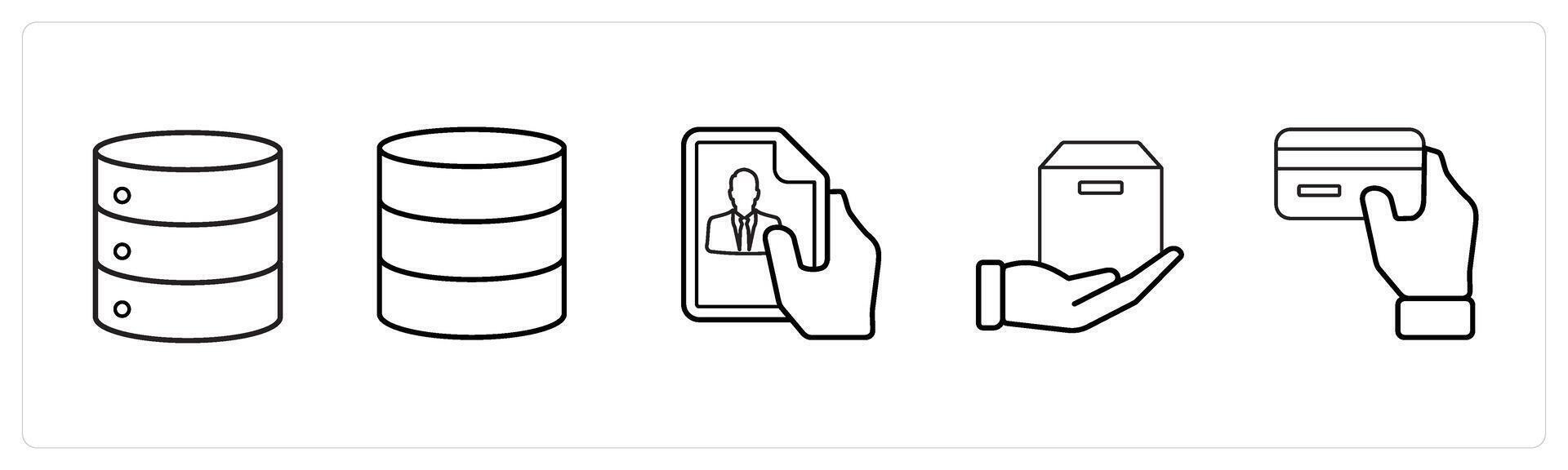 A set of 5 mix icons as database server, database server, profile document in black line color vector