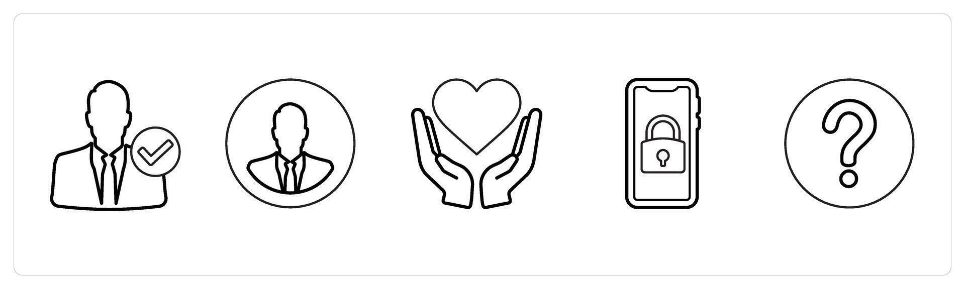 A set of 5 mix icons as verified user, account profile, heart care in black line color vector