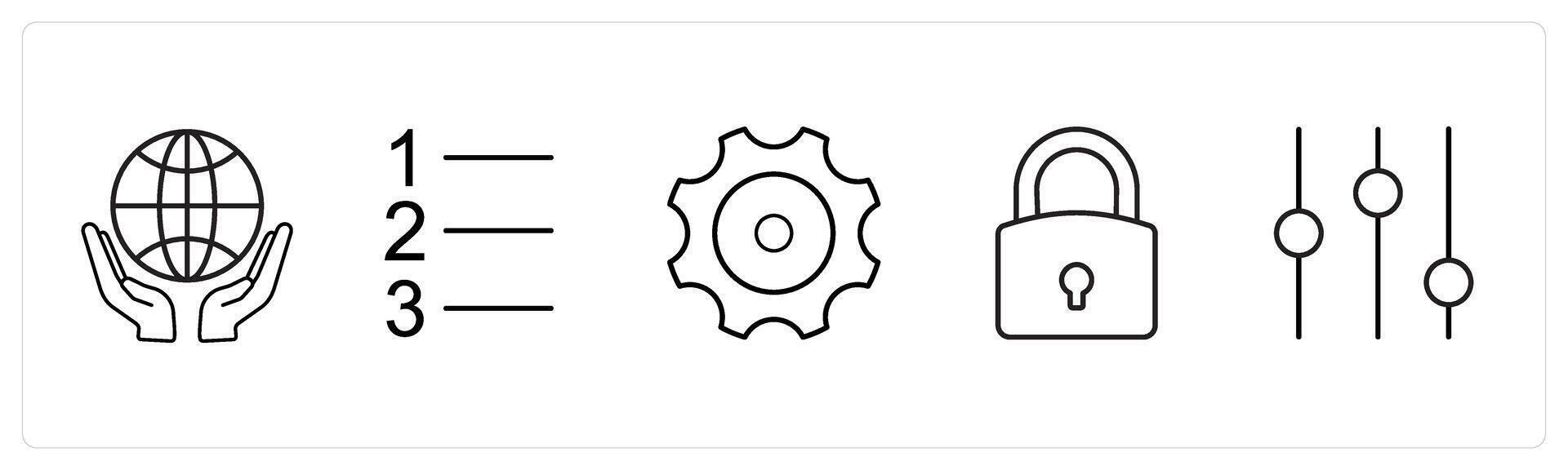 A set of 5 mix icons as save earth, number index, settings in black line color vector