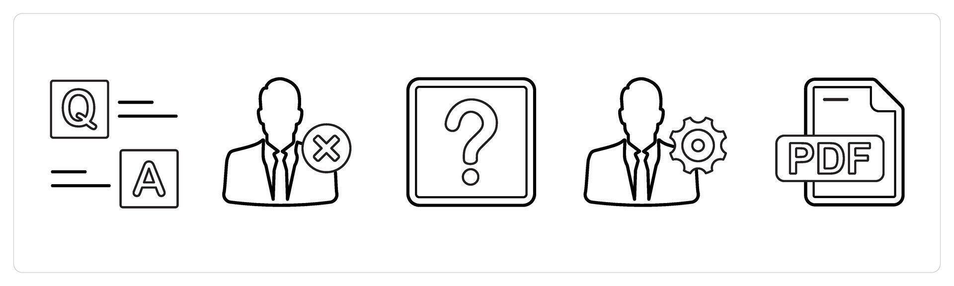 A set of 5 mix icons as questionnaire, wrong account, question, management settings in black line color vector